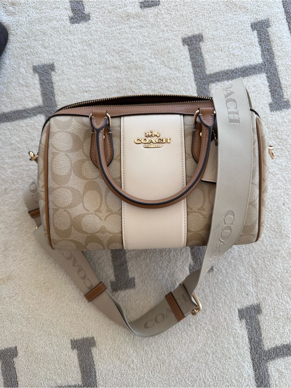 Coach Beige and Ivory Signature Barrel Satchel with Detachable Strap